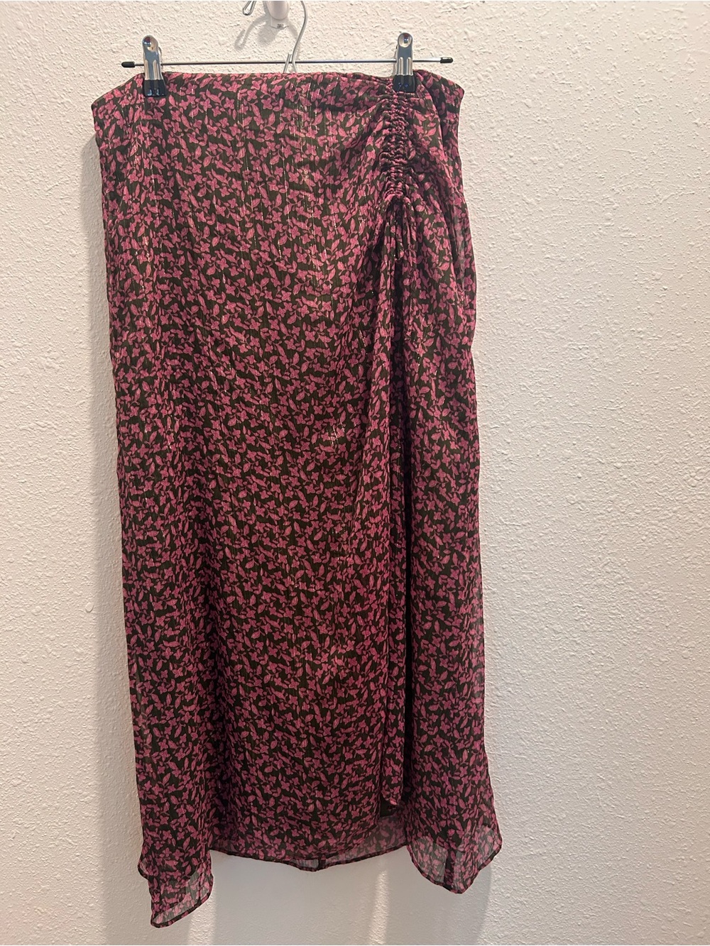 LOFT green and Pink Floral Midi Skirt with Side Ruching